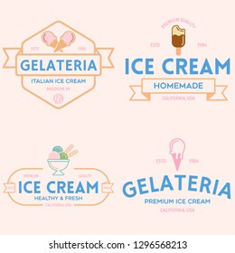 Set of vintage ice cream shop logo badges and labels, gelateria signs. Retro logotypes for cafeteria or bar. Isolated vector illustration.