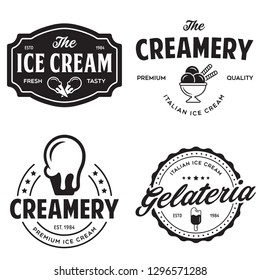 Set Of Vintage Ice Cream Shop Logo Badges And Labels, Gelateria Signs. Retro Logotypes For Cafeteria Or Bar. Isolated Vector Illustration.