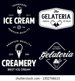 Set of vintage ice cream shop logo badges and labels, gelateria signs. Retro logotypes for cafeteria or bar. Isolated vector illustration.