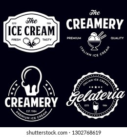 Set of vintage ice cream shop logo badges and labels, gelateria signs. Retro logotypes for cafeteria or bar. Isolated vector illustration.