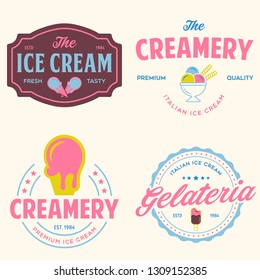 Set of vintage ice cream shop logo badges and labels, gelateria signs. Retro logotypes for cafeteria or bar. Isolated vector illustration.