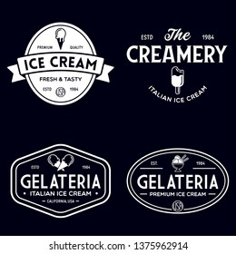 Set of vintage ice cream shop logo badges and labels, gelateria signs. Retro logotypes for cafeteria or bar. Isolated vector illustration.