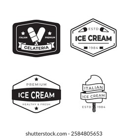 Set of vintage ice cream shop logo badges and labels, gelateria signs. Retro logotypes for cafeteria or bar.