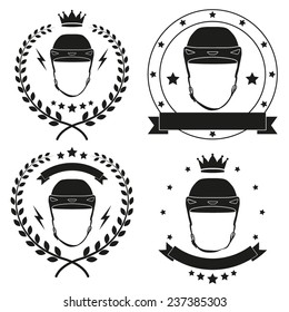 Set of Vintage Ice Hockey Club Badge and Label with helmets. Emblem of sport team and event. Vector isolated on background.