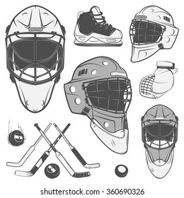 Set aus Eishockey-Eishockey-Eishockeyspieler-Design-Elementen für Embleme