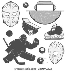 Set of vintage ice hockey goalkeeper design elements for emblems