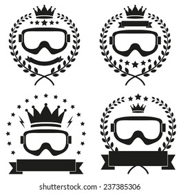 Set of Vintage Ice Snowboarding or SKI Club Badge and Label with helmets. Emblem of sport team and event. Vector isolated on background.