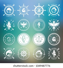 Set vintage icon eagle, fish, sea horse. Oceanic, river, lake icons. Emblem, signet with animals. Vector graphic illustration. Logotype, logo