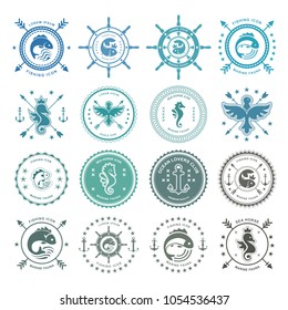 Set vintage icon eagle, fish, sea horse. Oceanic, river, lake icons. Emblem, signet with animals. Vector graphic illustration. Logotype, logo