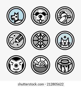Set of vintage icons with animals dog, cat, parrot,eagle, snail, clown, man, and panda.