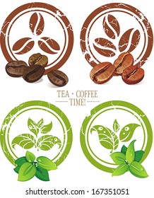 Set of vintage icons with coffee beans and tea leaves. Vector illustration
