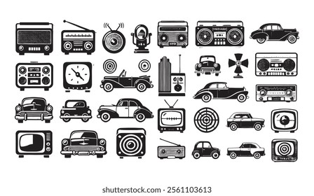 Set vintage icons featuring radios, cars, televisions, clocks, and fans. This nostalgic set captures the essence of retro technology and classic automobiles