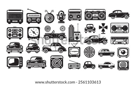 Set vintage icons featuring radios, cars, televisions, clocks, and fans. This nostalgic set captures the essence of retro technology and classic automobiles