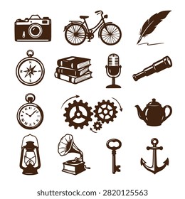 Set of vintage icons including camera, bicycle, feather pen, compass, books, microphone, telescope, stopwatch, gears, teapot, lantern, gramophone, key, anchor on white background.