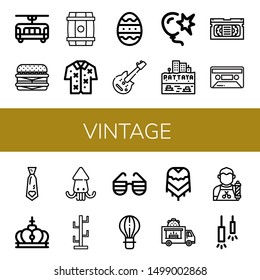 Set of vintage icons such as Tram, Cheeseburger, Barrel, Hawaiian, Easter egg, Electric guitar, Burst, Pattaya, Vhs, Cassette, Necktie, Crown, Squid, Coat stand, Sunglasses , vintage