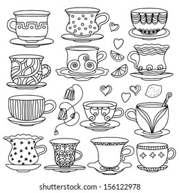 Set vintage icons tea cup, lemons,  hearts, and tea bags. Abstract design logo. Logotype art - vector 