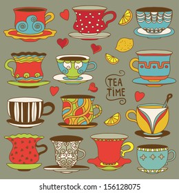 Set vintage icons tea cup, lemons, hearts and tea bags - vector 