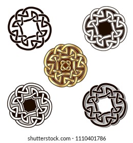 Set of vintage icons of traditional celtic style ornament. Isolated vignettes with classic celtic knots, black and white. Vector illustration