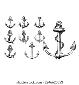Set of vintage illustrations of anchor. Design element for logo, emblem, sign, t shirt. Vector illustration