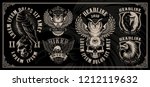 Set of vintage illustrations of birds with owl, eagle, raven and vulture on the dark background. Layered, text is on the separate group.