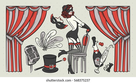Set of vintage illustrations with cabaret show objects and beautiful woman dancer