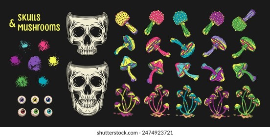 Set of vintage illustrations of human skull, mushrooms, eyeballs, paint stains. Concept of madness and craziness. Surreal style for groovy, hippie, mystical, psychedelic design