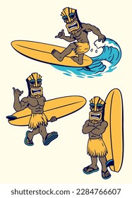 Set of Vintage Image of Tiki Surfing