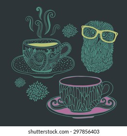 Set of vintage images. Vector owl in eyeglasses with decorative cups.
