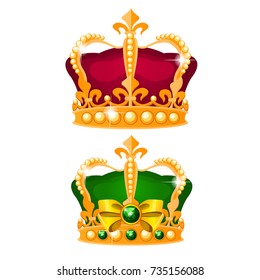 Set of vintage Imperial crown of gold, green and red velvet encrusted with emeralds isolated on white background. A symbol of greatness and autocracy of the king. Vector cartoon close-up illustration.