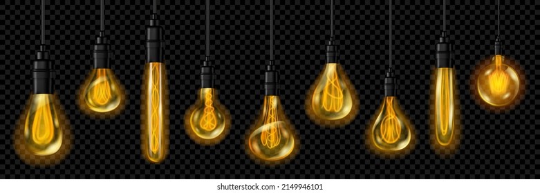 Set of vintage incandescent lamps of various shapes and sizes hanging on electric wires. Glass bulbs of lamps and glow around are translucent in vector format. For use on dark background
