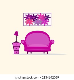 Set of vintage indoor purple  furniture. Hand drawn decorative objects for interior. Retro design for postcard, banners. Minimalism illustration.