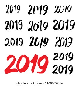Set of vintage ink Merry Christmas and Happy New Year sketched 2019 greeting card calligraphy. Hand drawn vector font lettering numbers collection in Chinese style