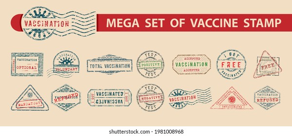 Set of vintage ink stamps for documents, post, passport, international parcels who have been sanitized and other needs. Various shaped vaccination stamps with positive and negative results