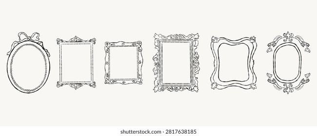 Set of vintage ink-drawn frames with elegant decorative details. Hand-drawn collection of classic borders in antique style, perfect for invitations, certificates, greeting cards, labels, packaging