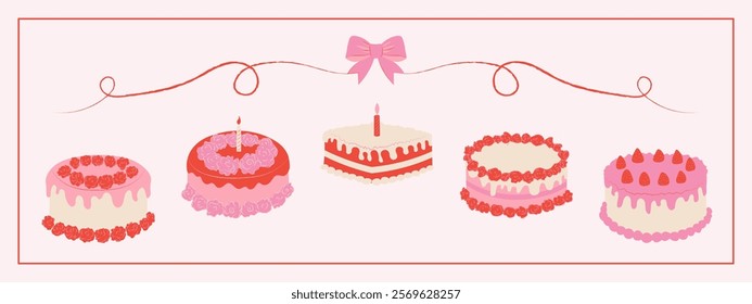 A set of vintage inspired birthday cakes with frosting and candles, Coquette style valentine's day cake in pink red colors. February 14.