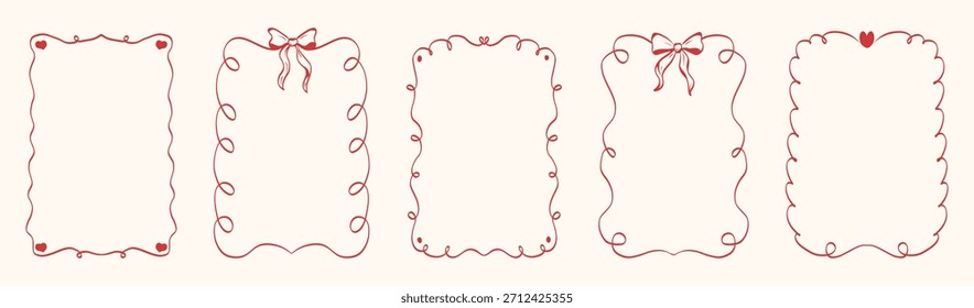 Conjunto de marcos de San Valentín dibujados a mano de inspiración vintage con líneas caprichosas, lazos, corazones, cintas. Ilustraciones vectoriales perfectas para las tarjetas de felicitación, carteles, invitaciones.