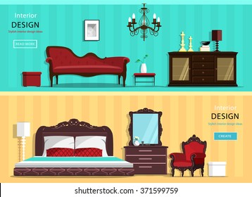 Set of vintage interior design house rooms with furniture icons: living room and bedroom. Flat style vector illustration.