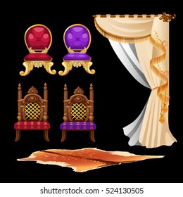 Set of vintage interior elements isolated on black background. Chair, curtain, carpet from the skin of a wild animal. Vector illustration.