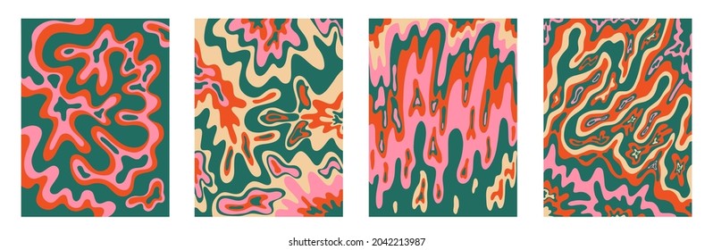 set vintage interior posters in hippie style.70s and 60s funky and groove postcards.Psychedelic cold palette patterns with waves, brush, paint stains.Tie dye abstract shapes for background