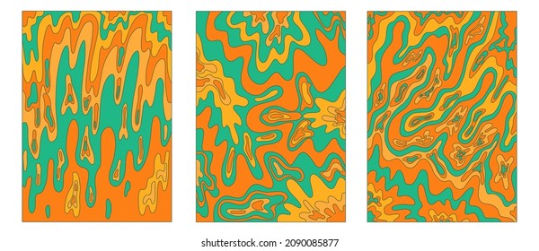 Vintage-Innenplakate im Hippie-Stil der 70er und 60er Jahre funky und Nut-Cards.Psychedelische kalte Farbmuster mit Wellen, Pinseln, Farbflecken.Tie abstrakte Farbformen für Hintergrund