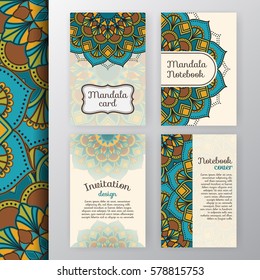 Set of vintage invitation and background design with Mandala decoration. Round decorative ornament design for greeting card, wedding invite, notebook cover, flyer or leaflet design.