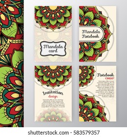 Set of vintage invitation and background design with Mandala decoration. Round decorative ornament design for greeting card, wedding invite, notebook cover, flyer or leaflet design.Vector illustration