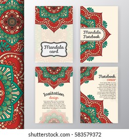 Set of vintage invitation and background design with Mandala decoration. Round decorative ornament design for greeting card, wedding invite, notebook cover, flyer or leaflet design