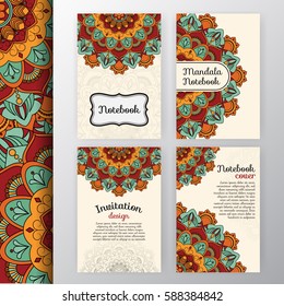 Set of vintage invitation and background design with Mandala decoration. Round decorative ornament design for greeting card, wedding invite, notebook cover, flyer or leaflet design