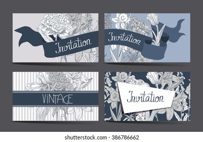 Set of vintage invitation cards with  flowers. Vector illustration