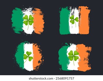 Set of vintage Ireland flags with lucky four leaf clover for Patrick's day. Flag of Ireland with lucky four leaf clover in grunge green, white, orang style. Painted with a dry brush on canvas vector.