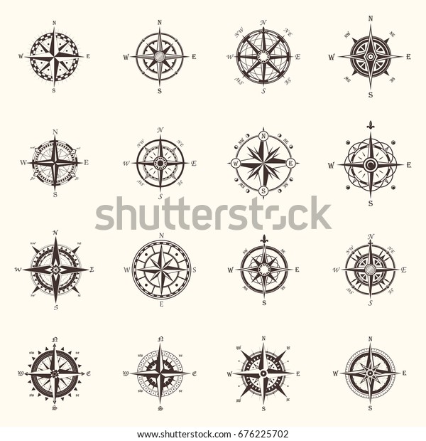 Set of vintage isolated compass or retro wind rose for sea guidance or