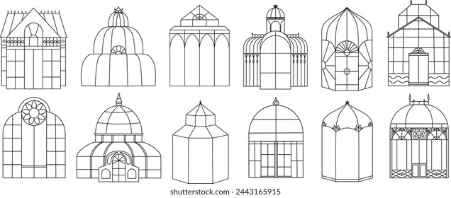 Un conjunto de invernaderos aislados vintage. Ilustración de líneas, invernaderos y naranjales.