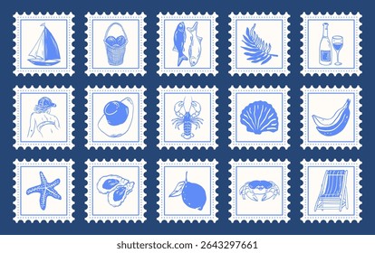 Set of vintage Italian print, wall art vector travel postcard stamp illustration. Hand drawn retro frame border element design. Summer engraving emblem, placard or poster.