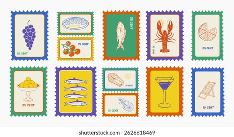Set of vintage Italian travel stamps with seafood, pizza, lemons, wine and summer icons. Inspired by Amalfi coast and Mediterranean vacation. Colorful vector illustration.
